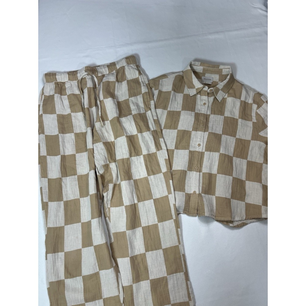 Brixton Women's Pants Set Checkered Tan Cotton Gauze M Lounge Travel Beach